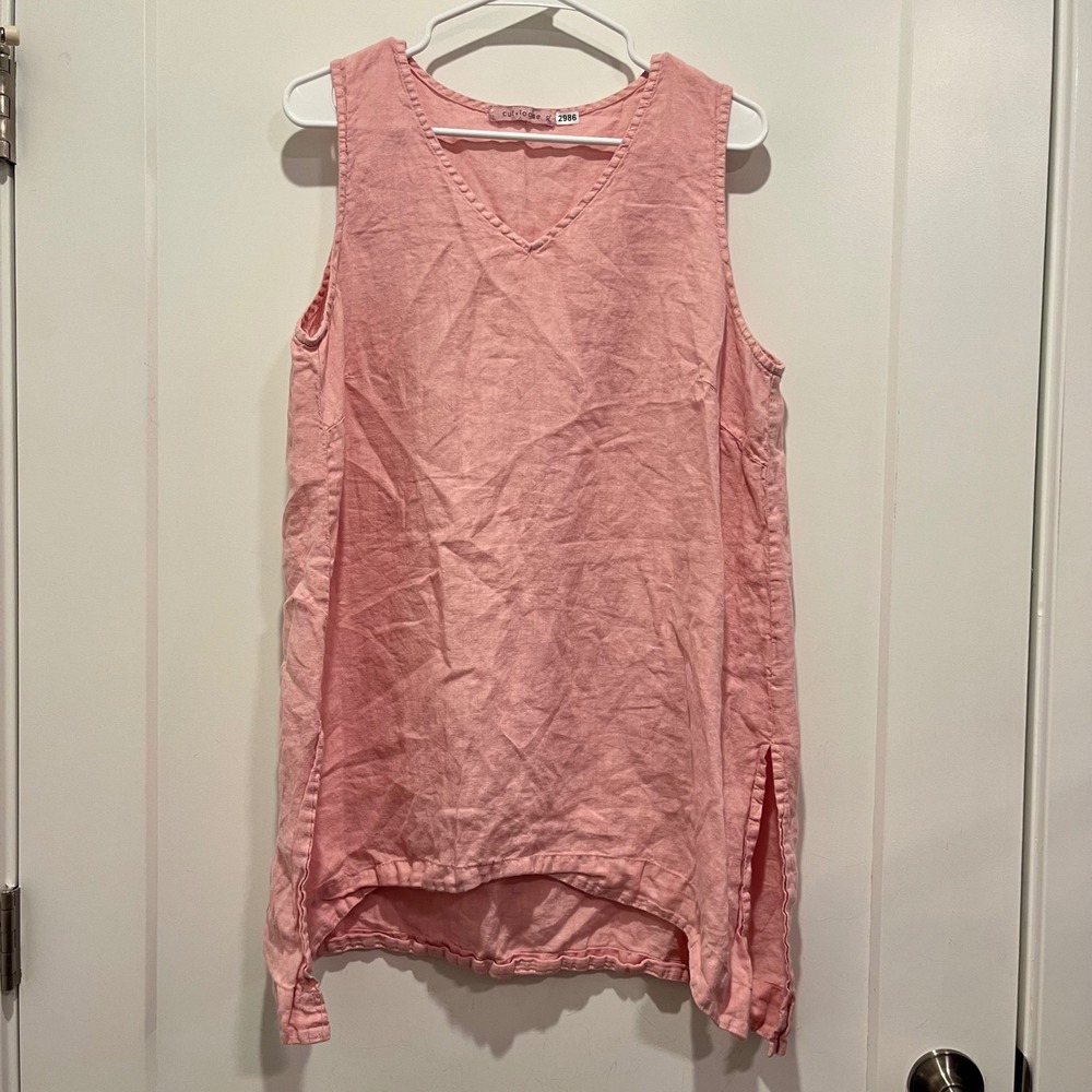 Cut Loose Pink 100% Linen V-Neck Sleeveless Tank Top High Low Hem USA Made XL